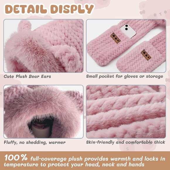 Women's Pink Winter Cute Bear Ear Hat Scarf 3 In 1 Faux Fur Gloves Set - Picture 5 of 9
